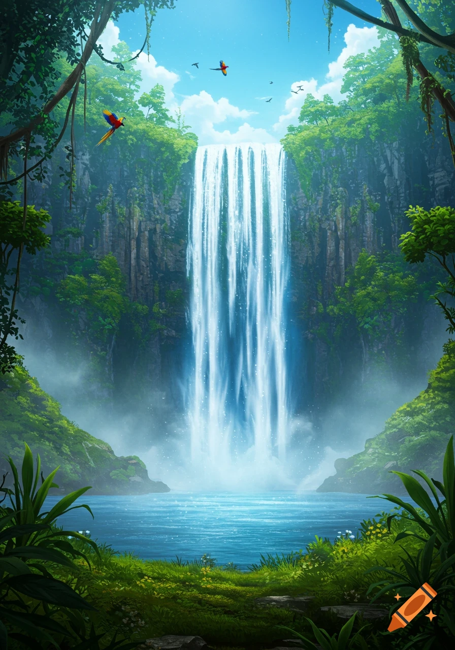A vibrant, lush jungle landscape featuring a tall waterfall cascading into a serene blue lake, with green foliage and flying parrots.