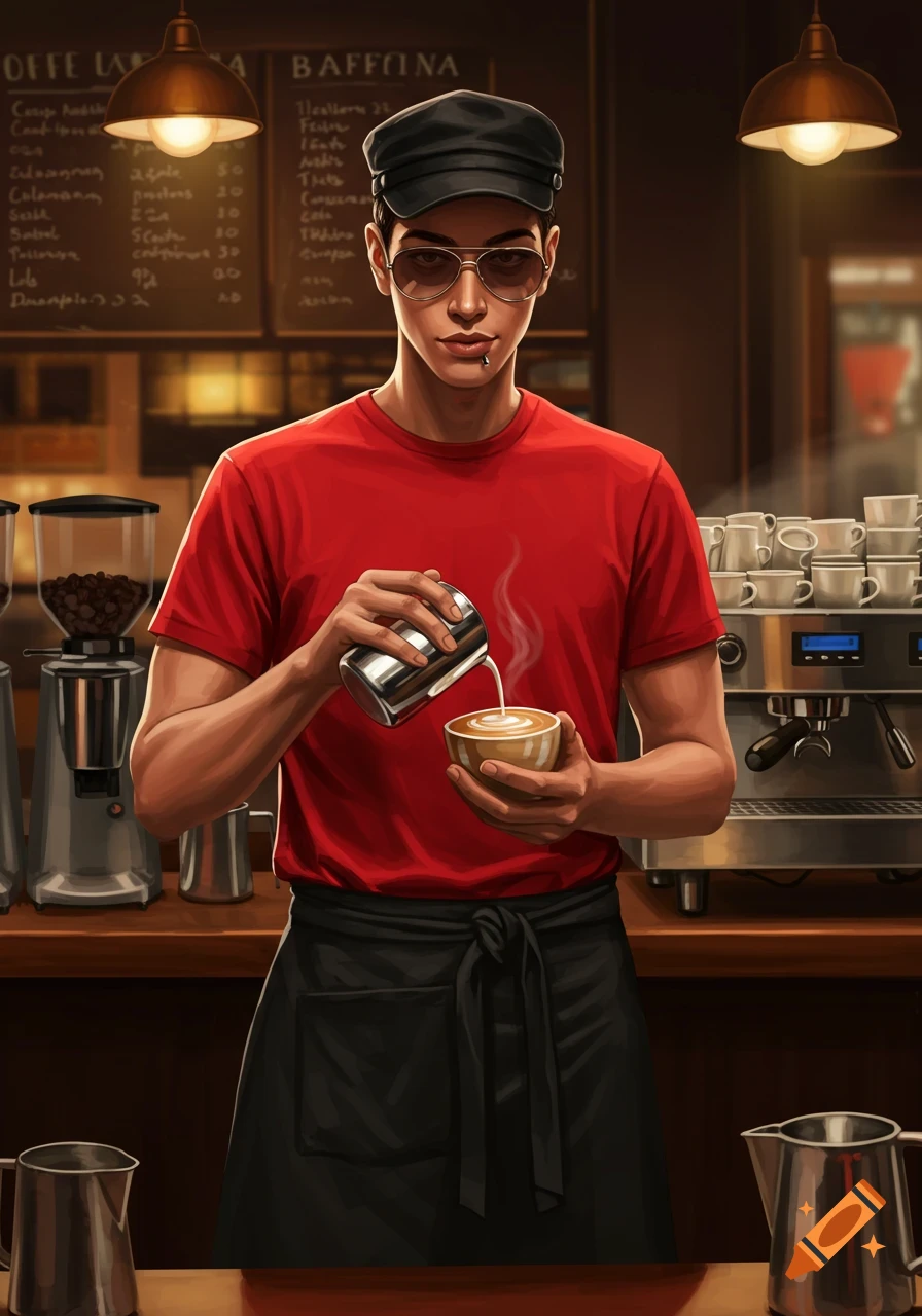 Stylized illustration of a cool barista in a red t-shirt, black apron, sunglasses, pouring latte art in a cozy cafe.