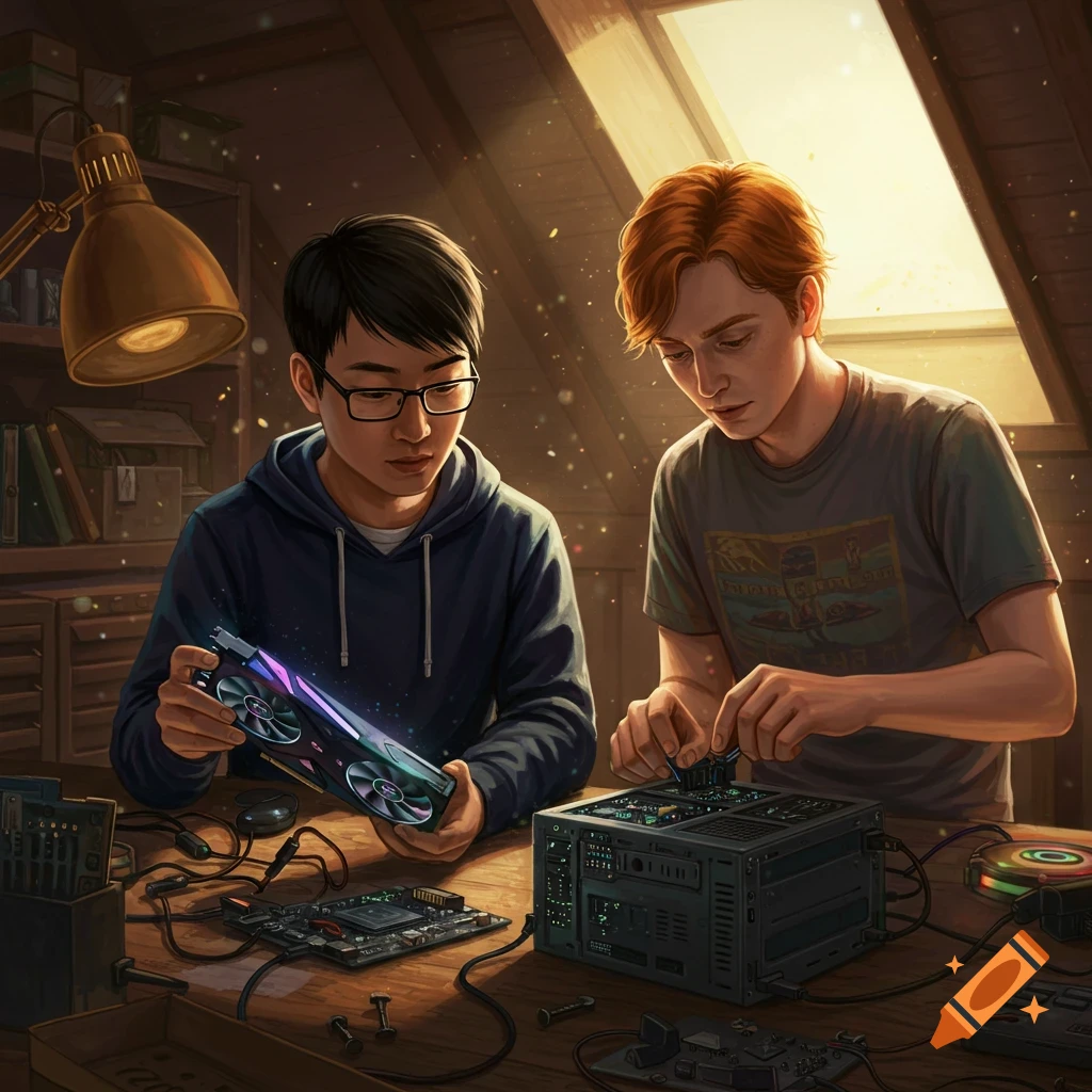 An Asian man and a ginger white man building a computer together in a warm, detailed attic workshop, photorealistic style.