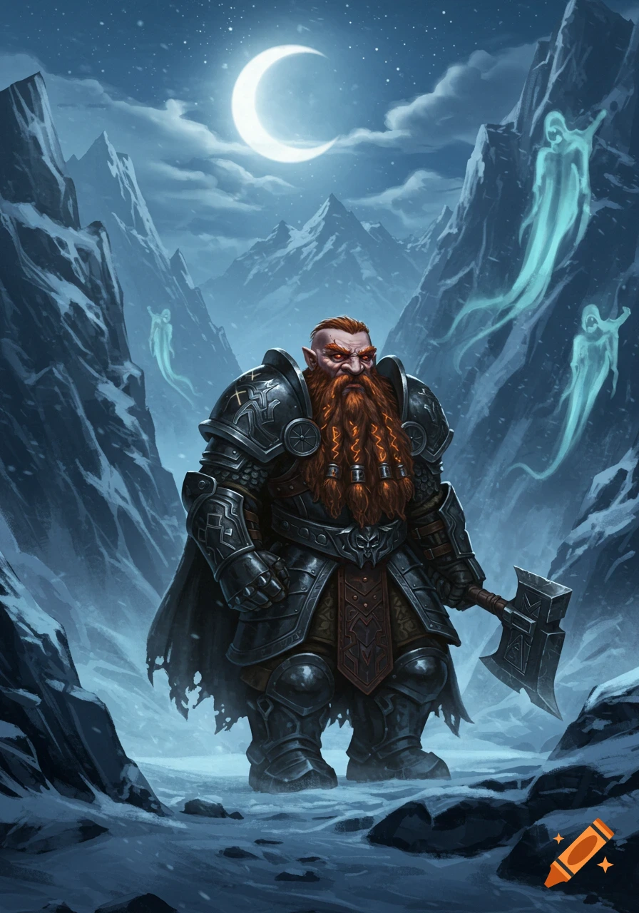 A formidable armored dwarf with a red beard holds an axe in a snowy mountain pass under a crescent moon, with ethereal ghosts.