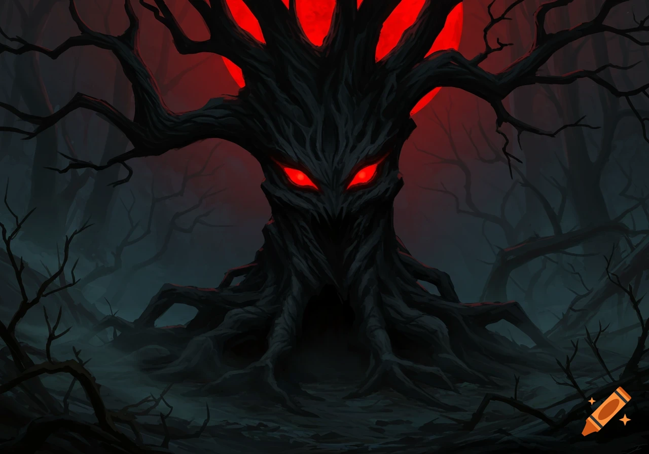 A monstrous, gnarled black tree with glowing red eyes stands in a dark, misty forest under a red moon. Stylized illustration.