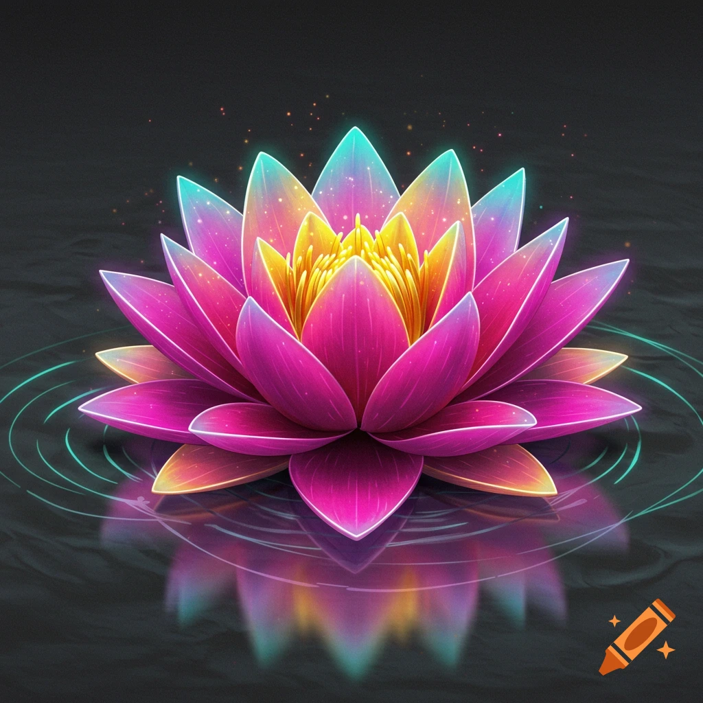 Vibrant, glowing pink and yellow lotus flower floating on dark water with ripples and a reflection.