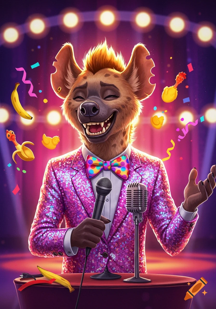 A grinning anthropomorphic hyena in a sparkly pink suit performs on a brightly lit stage with confetti and floating fruit.