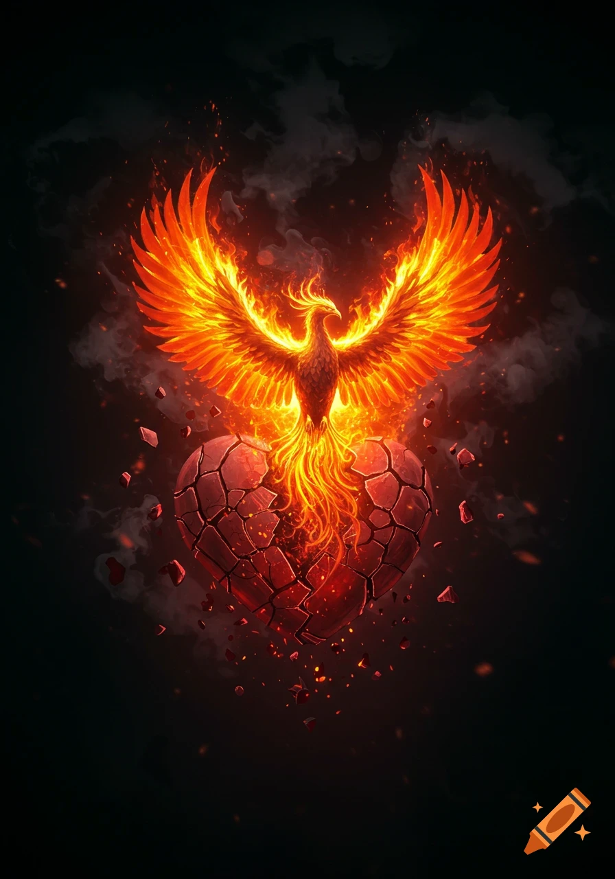 A vibrant phoenix with fiery wings rises from a broken, glowing red heart against a dark background, surrounded by smoke and embers.