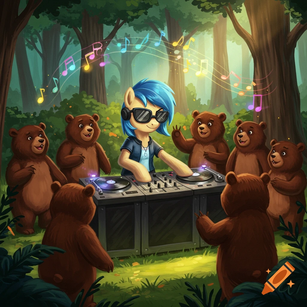 Cartoon of DJ Pon3, a pony with blue hair, DJing for friendly bears in a vibrant forest with musical notes floating.