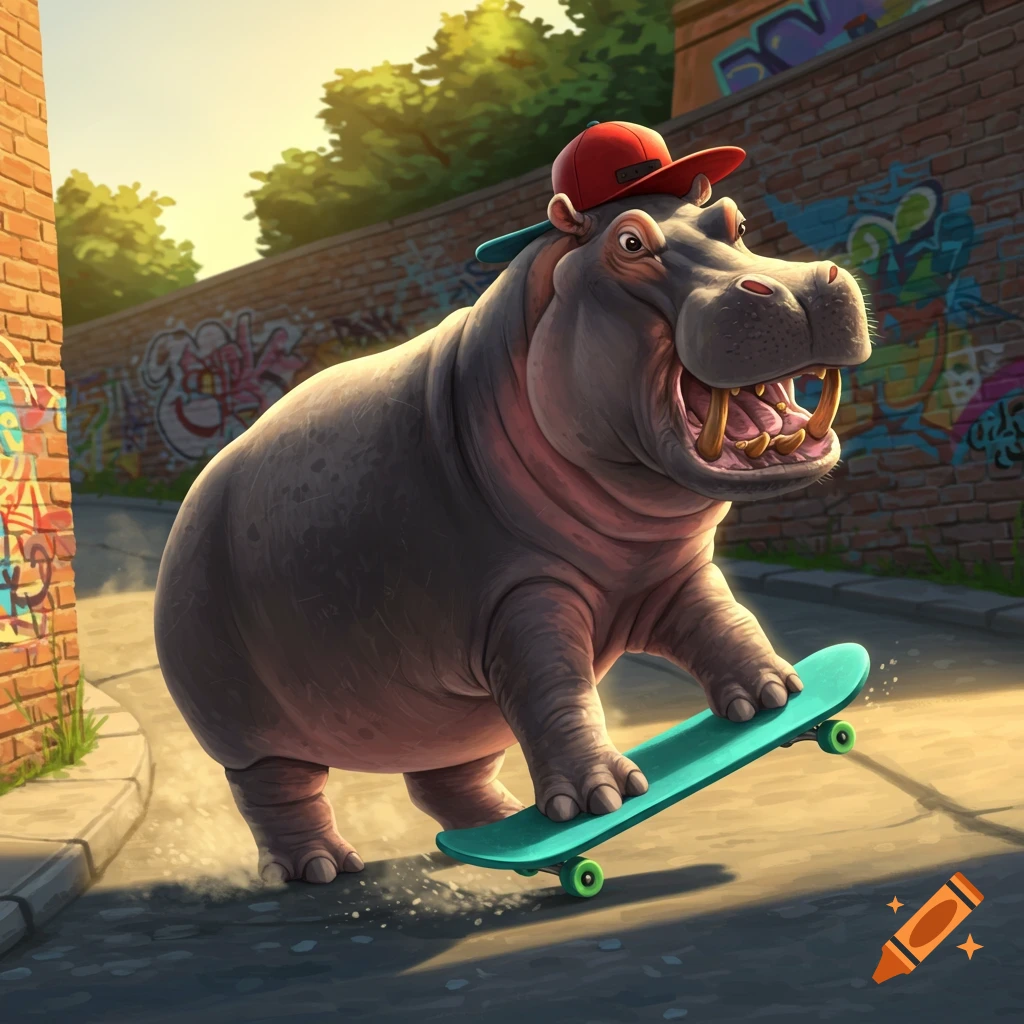 A cartoon hippo wearing a red baseball cap rides a turquoise skateboard down a street next to a brick wall covered in colorful graffiti.