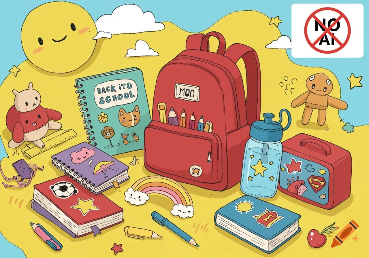 An overhead cartoon illustration of colorful school supplies, including a red backpack, notebooks, a water bottle, a lunchbox, pencils, a rainbow, and plush toys, all laid out on a yellow surface with a smiling sun and clouds. A "NO AI" symbol is in the top right.