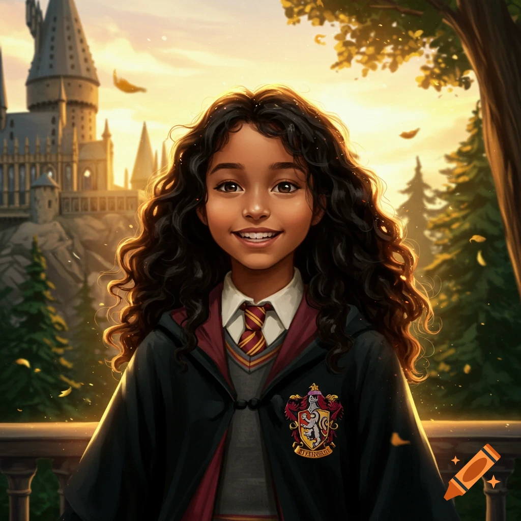 A smiling girl with long curly black hair in a Harry Potter Gryffindor robe stands before Hogwarts castle at sunset, digital art.
