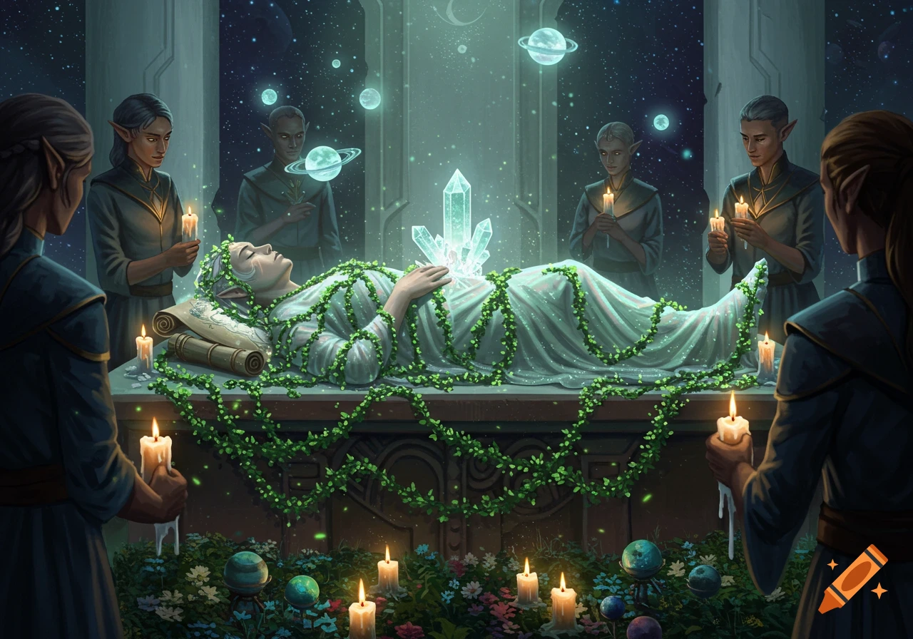 Elf-like figure draped in vines on a ceremonial table, surrounded by other elves holding candles in a cosmic chamber.