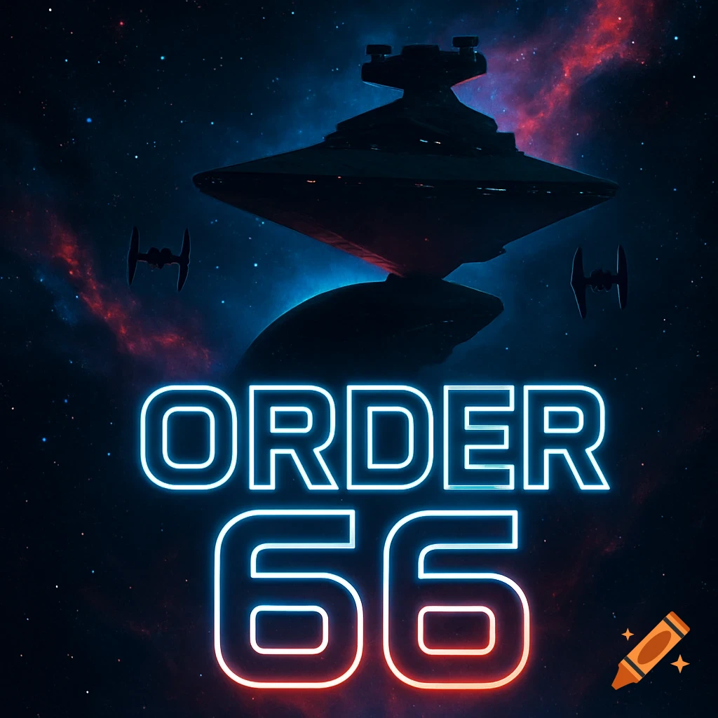 An Imperial Star Destroyer and TIE fighters fly through space with nebulae, above glowing neon text reading 'ORDER 66'.