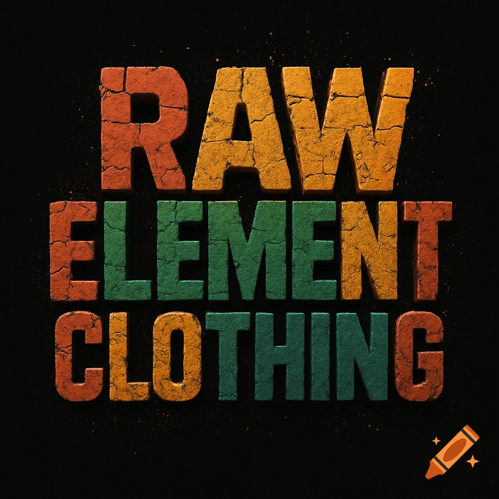 Logo with multi-colored, crumbling brick-textured text saying 'RAW ELEMENT CLOTHING' on a black background.