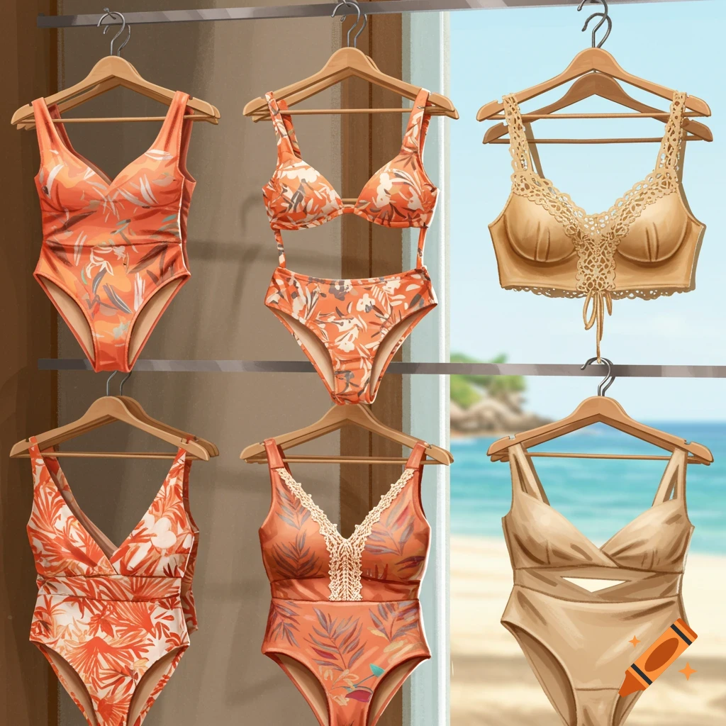 Various orange patterned and beige one-piece swimsuits and bikinis hang on wooden hangers against a beach background.