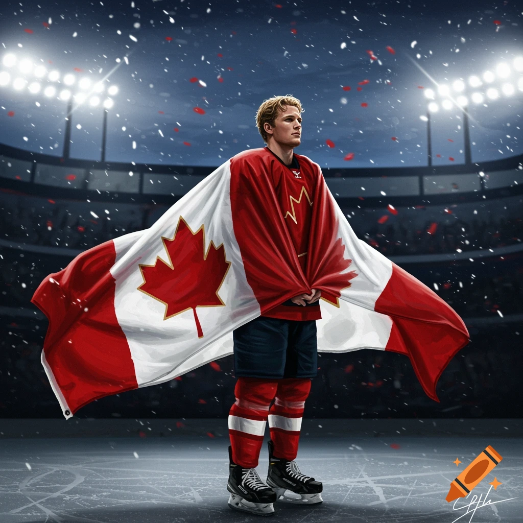 A male hockey player, wrapped in a Canadian flag, stands on an ice rink under stadium lights with falling confetti. Illustrative style.