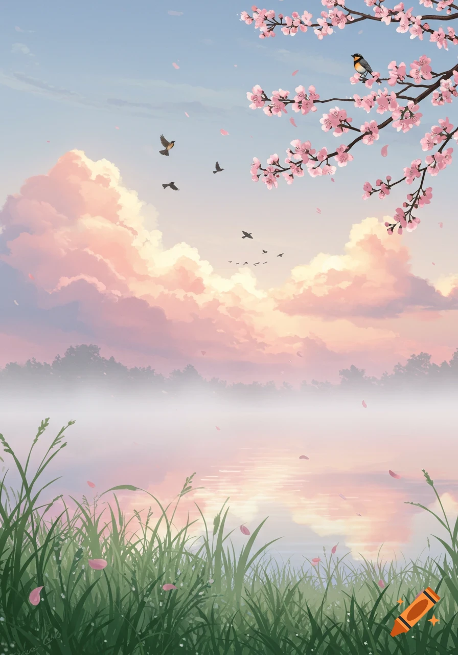A serene anime-style landscape with cherry blossoms, birds, pink clouds, and a misty lake at sunrise.