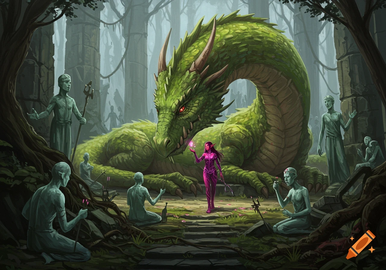 A large green dragon watches a glowing pink-skinned elf in a ruined forest with grey, statue-like figures. Fantasy art.