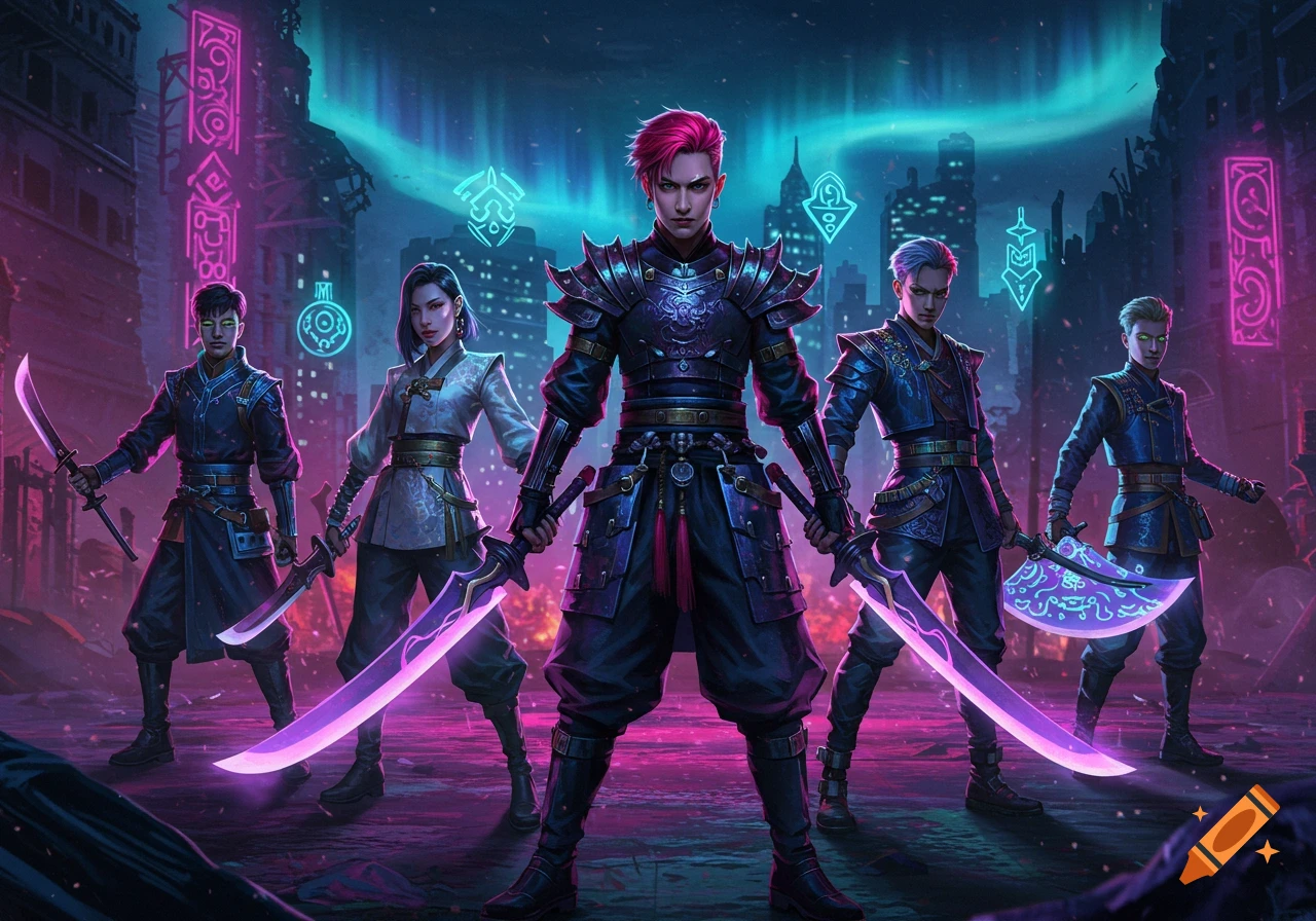 Five vibrant warriors in futuristic armor with glowing purple swords stand in a neon-lit cyberpunk city under an aurora sky.