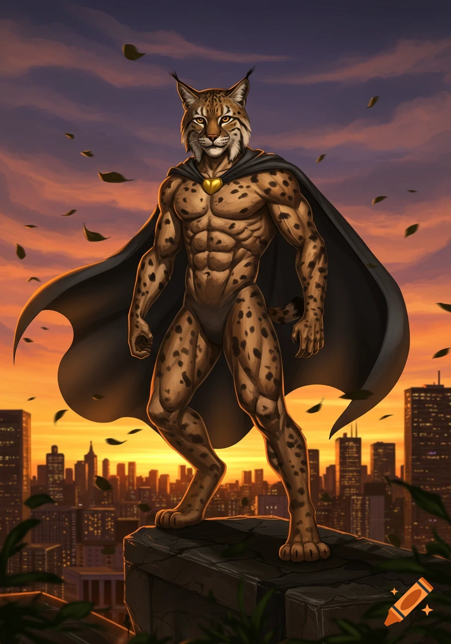 A muscular anthropomorphic bobcat superhero in a dark cape and golden heart emblem stands heroically on a rooftop overlooking a city at sunset.
