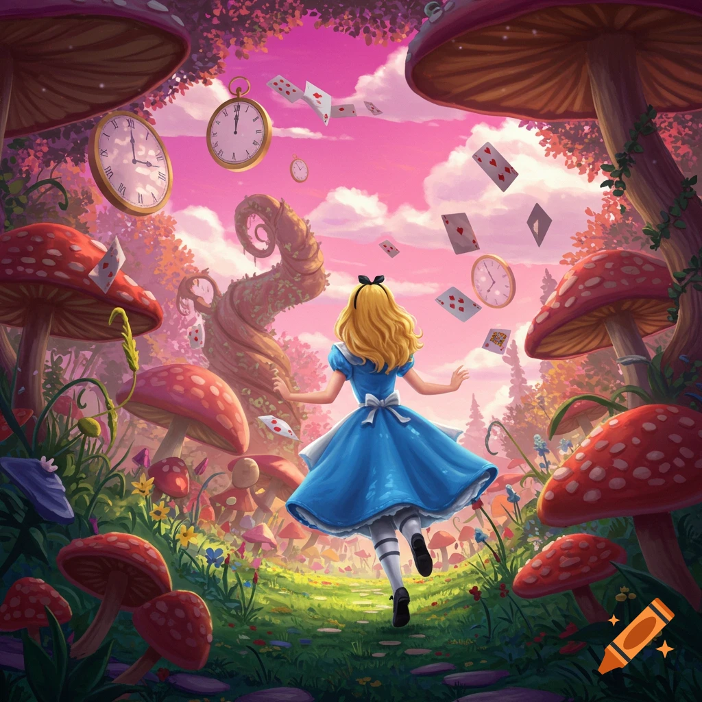 Alice in Wonderland runs through a vibrant, pink-hued forest with giant red-spotted mushrooms, flying playing cards, and clocks.