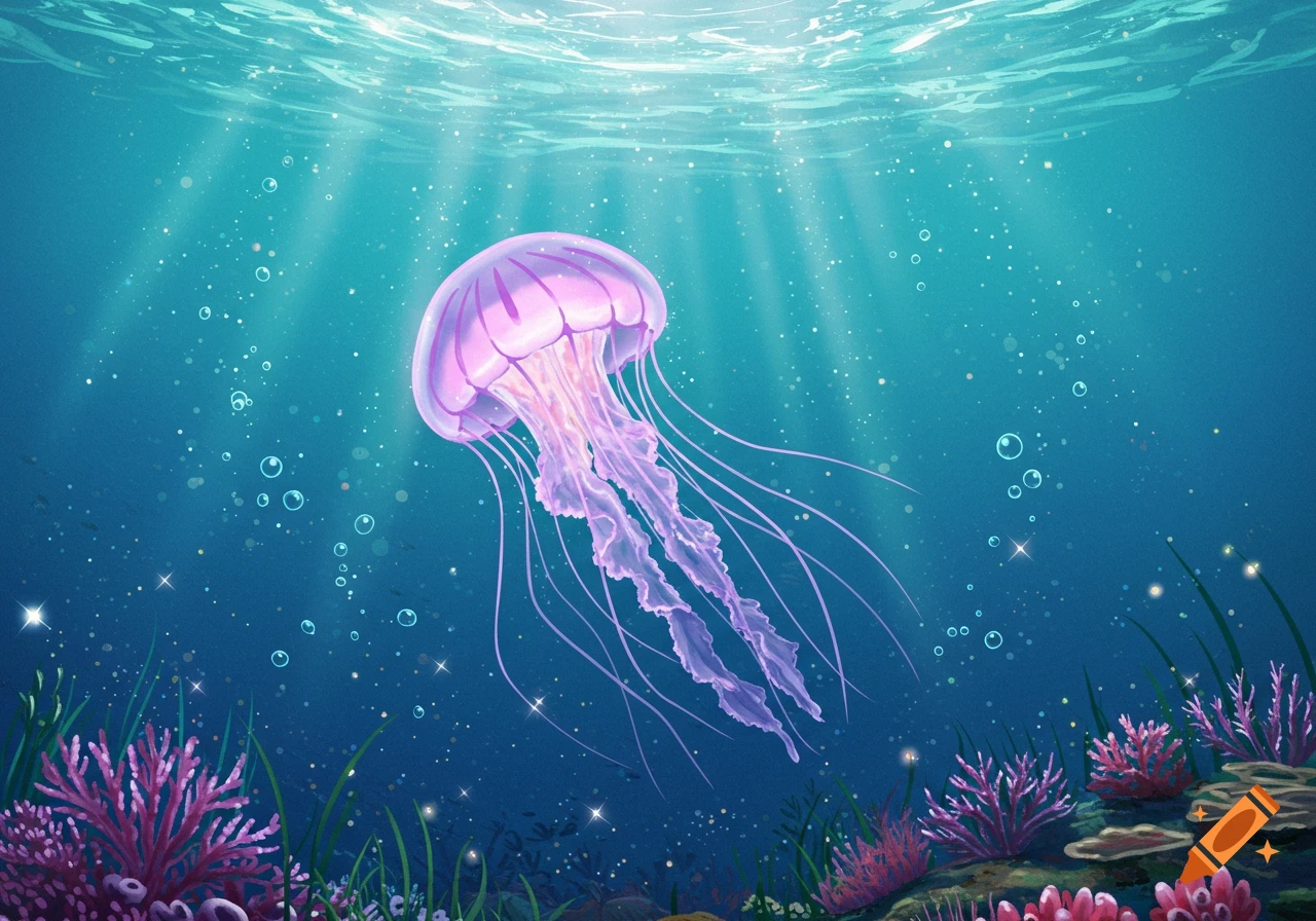 A luminous purple jellyfish floats in a dreamy, vibrant underwater scene with light rays, bubbles, and coral, in Studio Ghibli style.