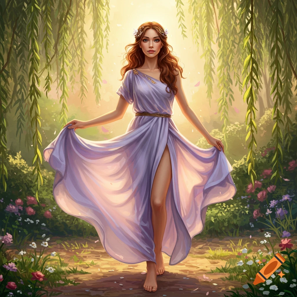 A beautiful woman in a flowing purple gown walks barefoot on a sunlit forest path surrounded by weeping willows, digital painting.