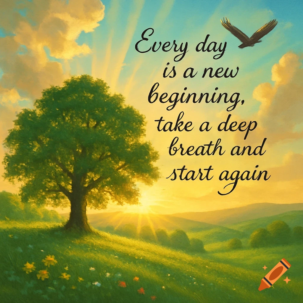 Vibrant, stylized sunrise landscape with a large tree, green hills, a soaring bird, and an inspirational quote.
