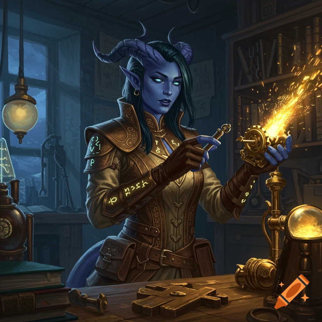 A blue-skinned tiefling woman artificer in leather armor works on a glowing steampunk device in a dark workshop, sparks flying. Digital painting.