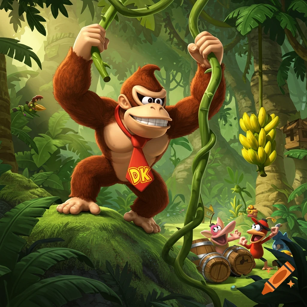 Donkey Kong smiles, holding vines in a lush jungle with bananas and other characters from the game.
