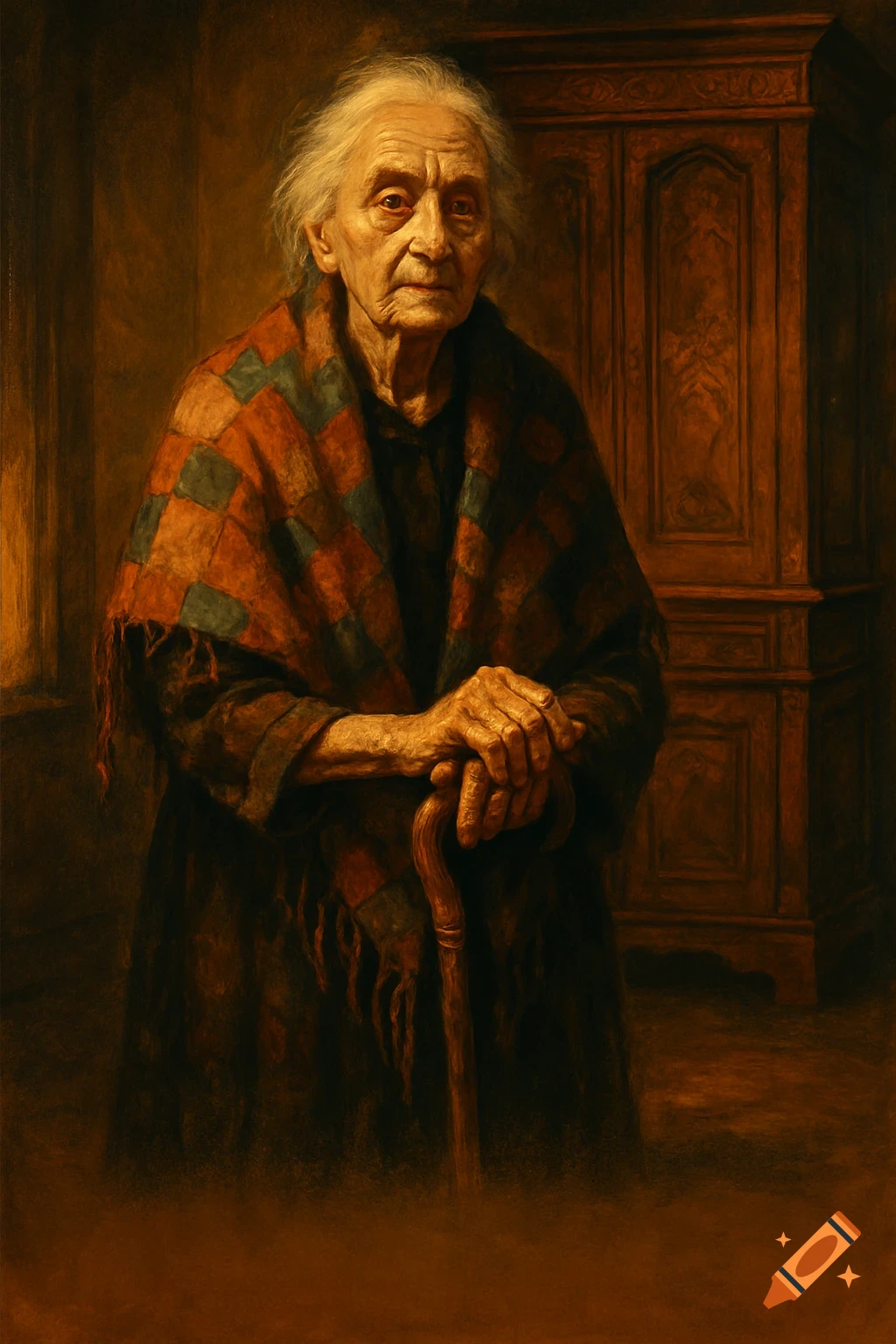 A painting of an elderly woman with white hair and a patterned shawl, leaning on a cane, in front of a wooden wardrobe.