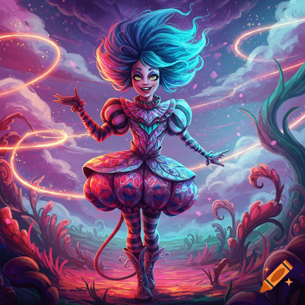 A whimsical, vibrant fantasy character with large blue hair and a colorful, patterned costume stands in a glowing, surreal landscape.