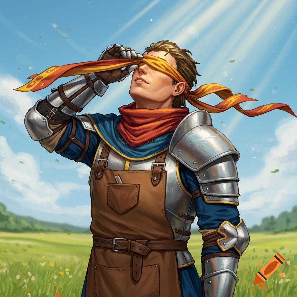 A blindfolded male paladin in full plate armor, a leather apron, and blue tabard looks up at the sunny sky in a green field, digital painting.