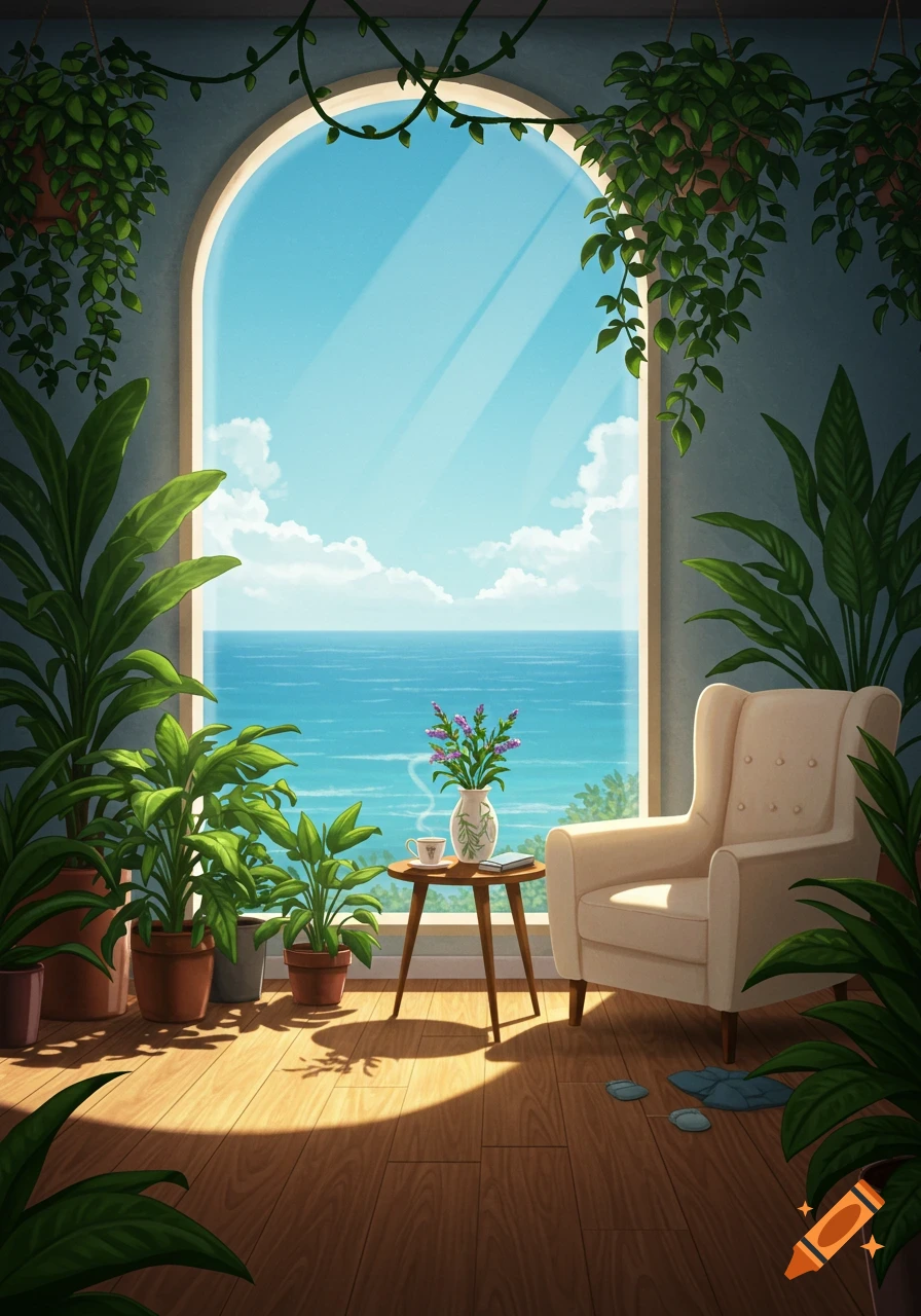 A cozy room with an arched window offering an ocean view, filled with lush potted plants, a cream armchair, and a small table.