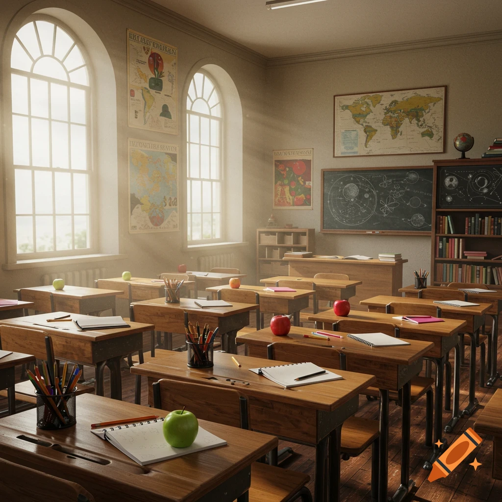 A sunlit, empty classroom with rows of wooden desks, a blackboard, and maps on the walls.
