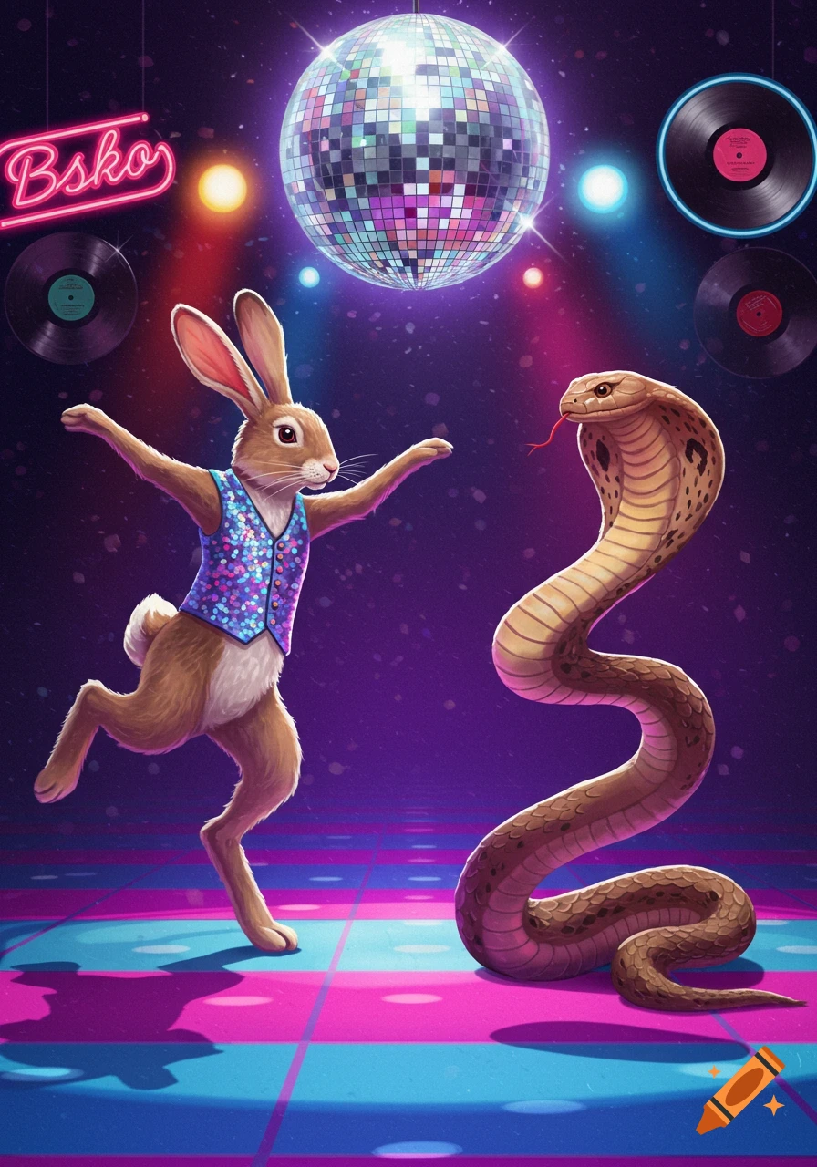 A stylized illustration of an anthropomorphic rabbit in a sequined vest dancing with a cobra on a disco floor under a disco ball and neon lights.