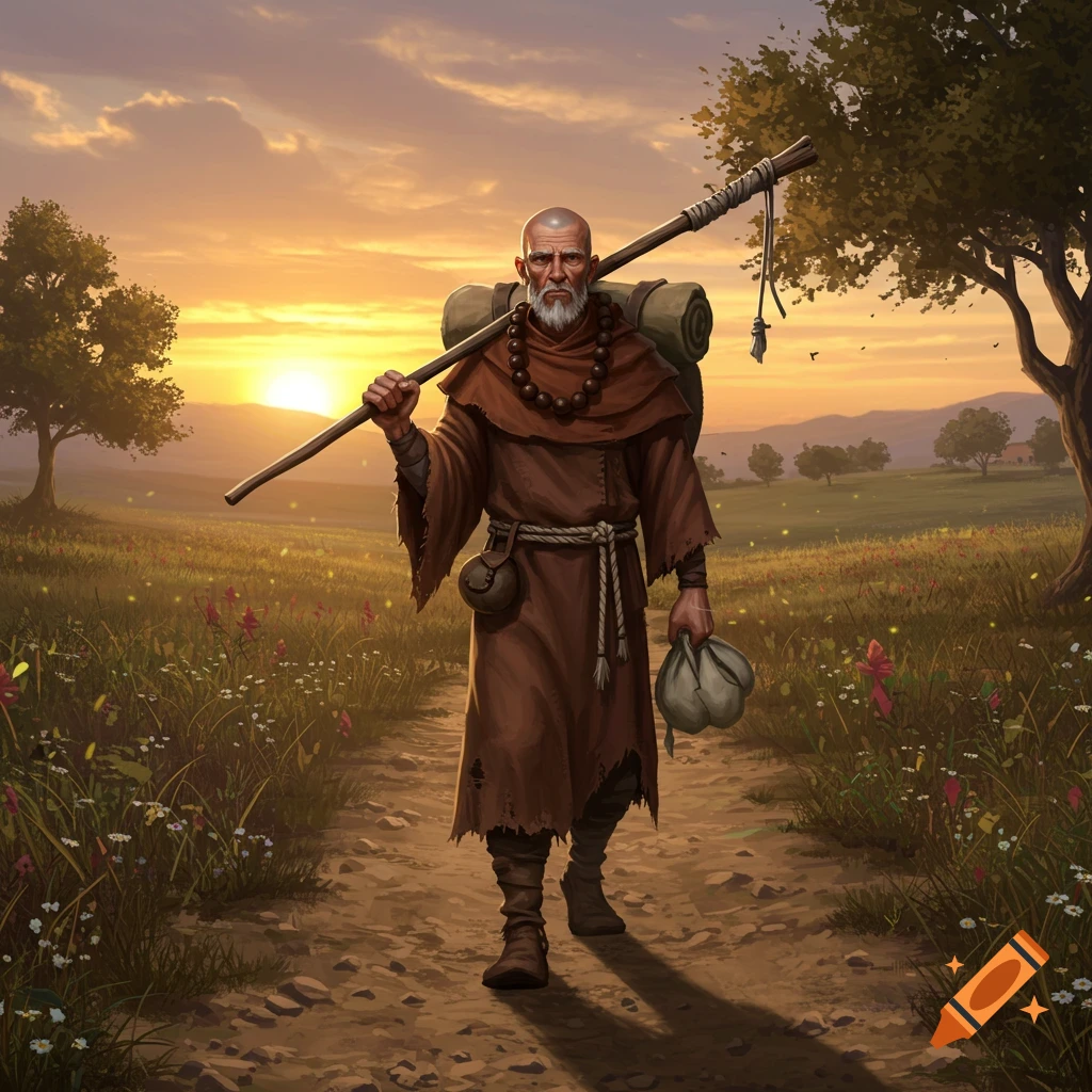 An old, bearded monk in brown robes walks on a dirt path through a field at sunset, carrying a staff and backpack. Illustrative style.