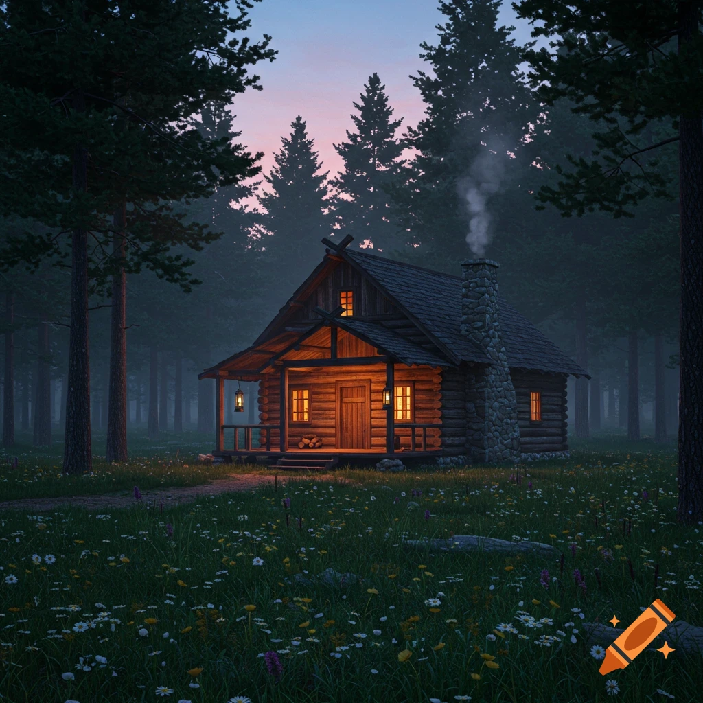 A cozy log cabin with glowing windows and smoke from the chimney stands in a dark forest at dusk, surrounded by wildflowers.