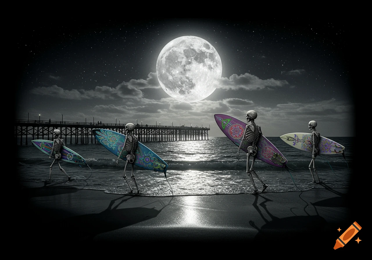 Four skeletons carrying colorful surfboards walk into the moonlit ocean at night, with a long pier in the background.