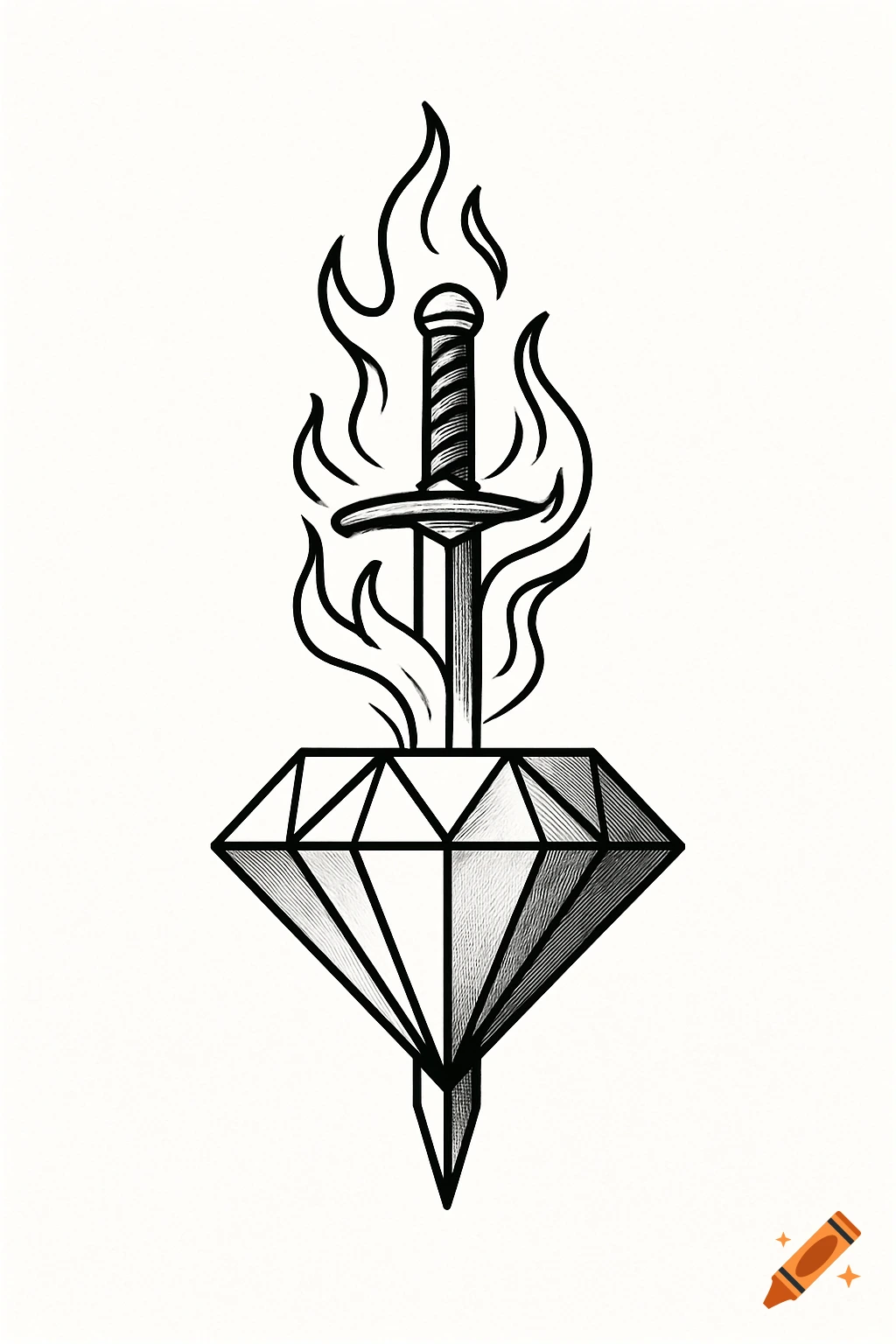A black and white sketch of a flaming sword stabbed into the top of a large diamond.