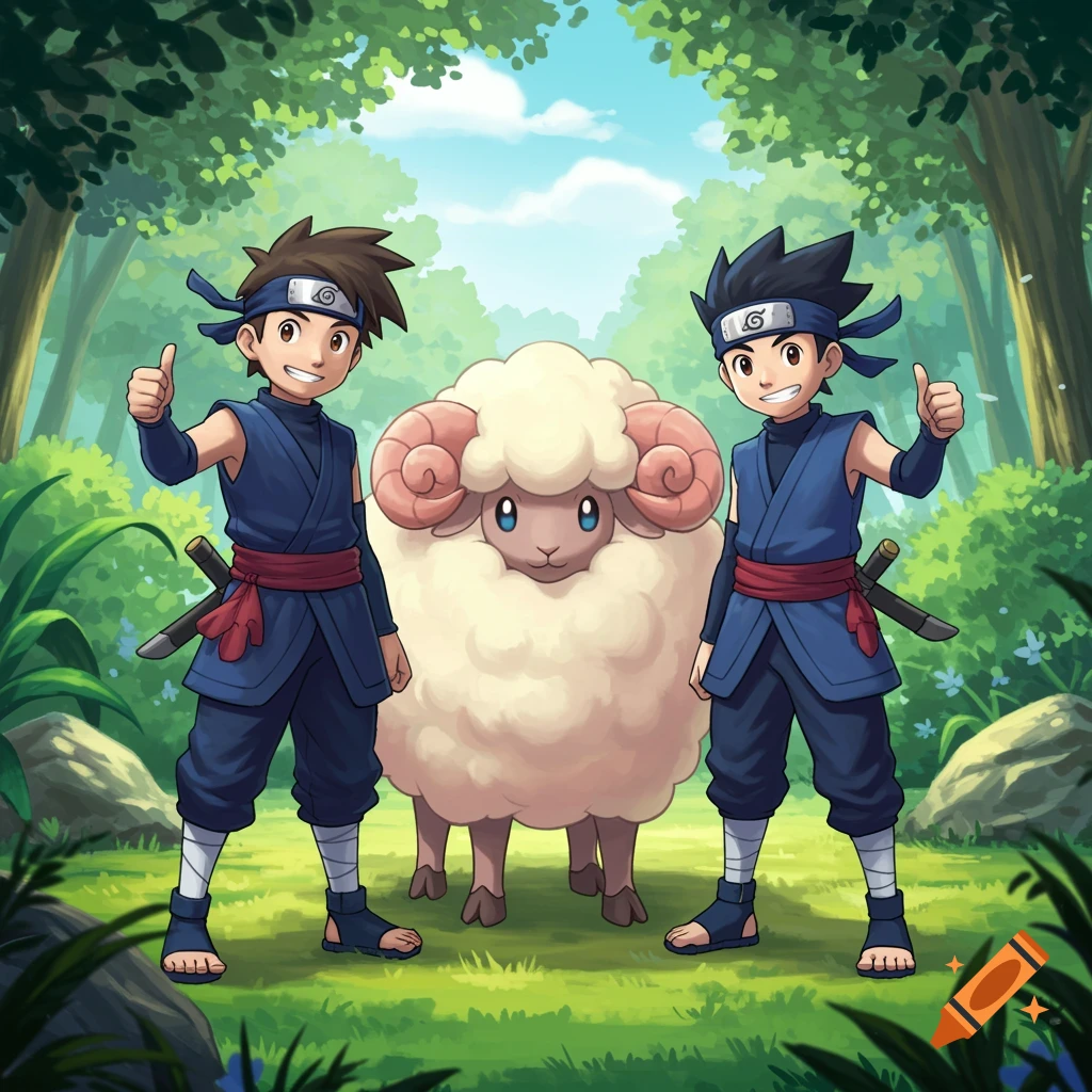 Two anime ninja boys give thumbs up in a forest with a fluffy, horned, Pokemon-like sheep.