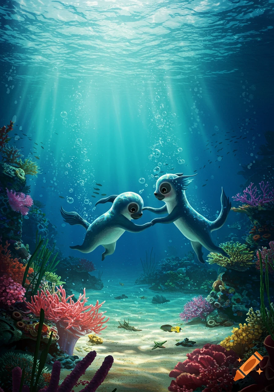 Two cute cartoon blue sea creatures, resembling otters, swim hand-in-hand in a vibrant coral reef with sunbeams from above.