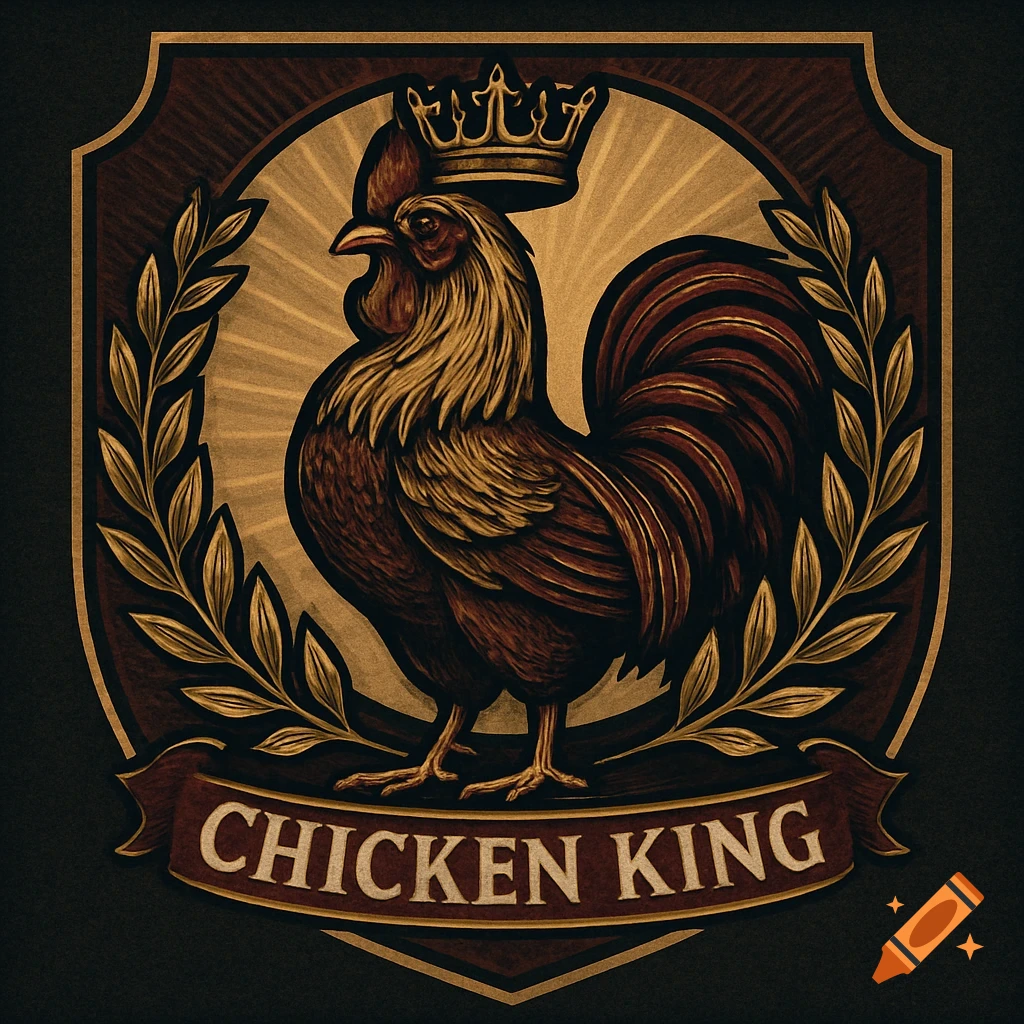 An illustrative logo of a crowned rooster in a shield with laurel leaves and a 'CHICKEN KING' banner.