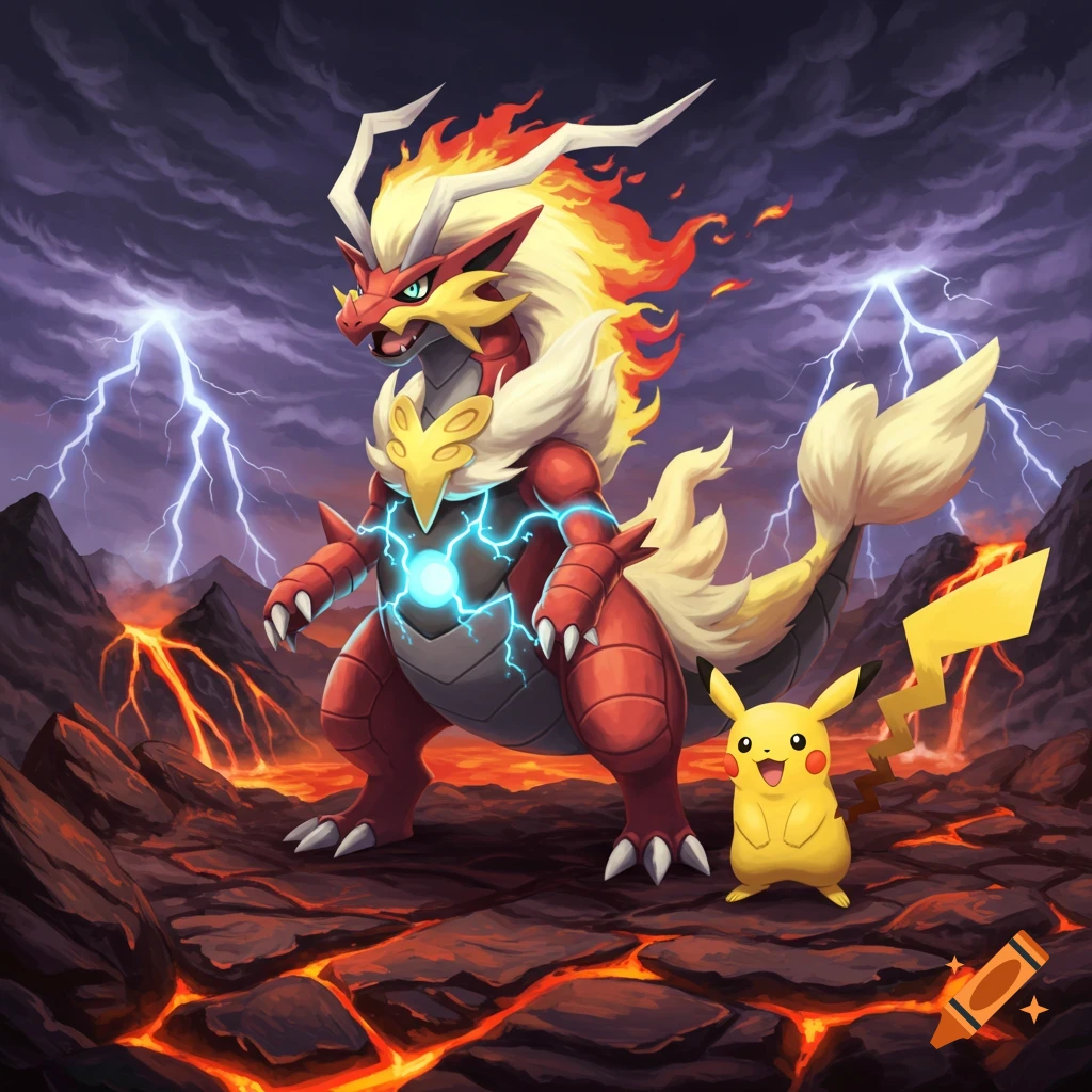 A large red and yellow dragon-like Pok essmon with a glowing chest stands next to a small Pikachu on a lava landscape under a stormy, lightning-filled sky.