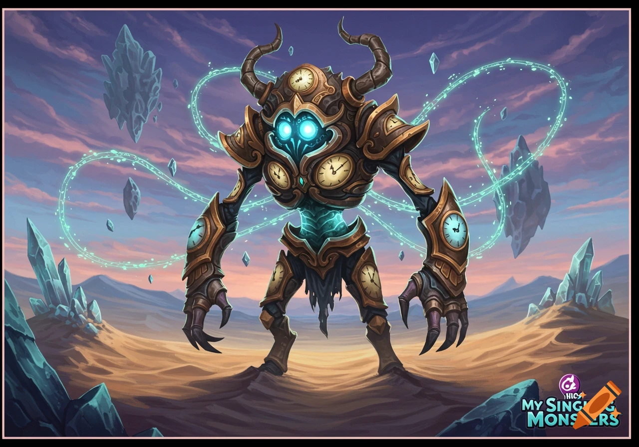 A stylized monster made of clocks and gears with glowing blue eyes, standing in a desert landscape with floating rocks and crystals. Light energy trails behind it.