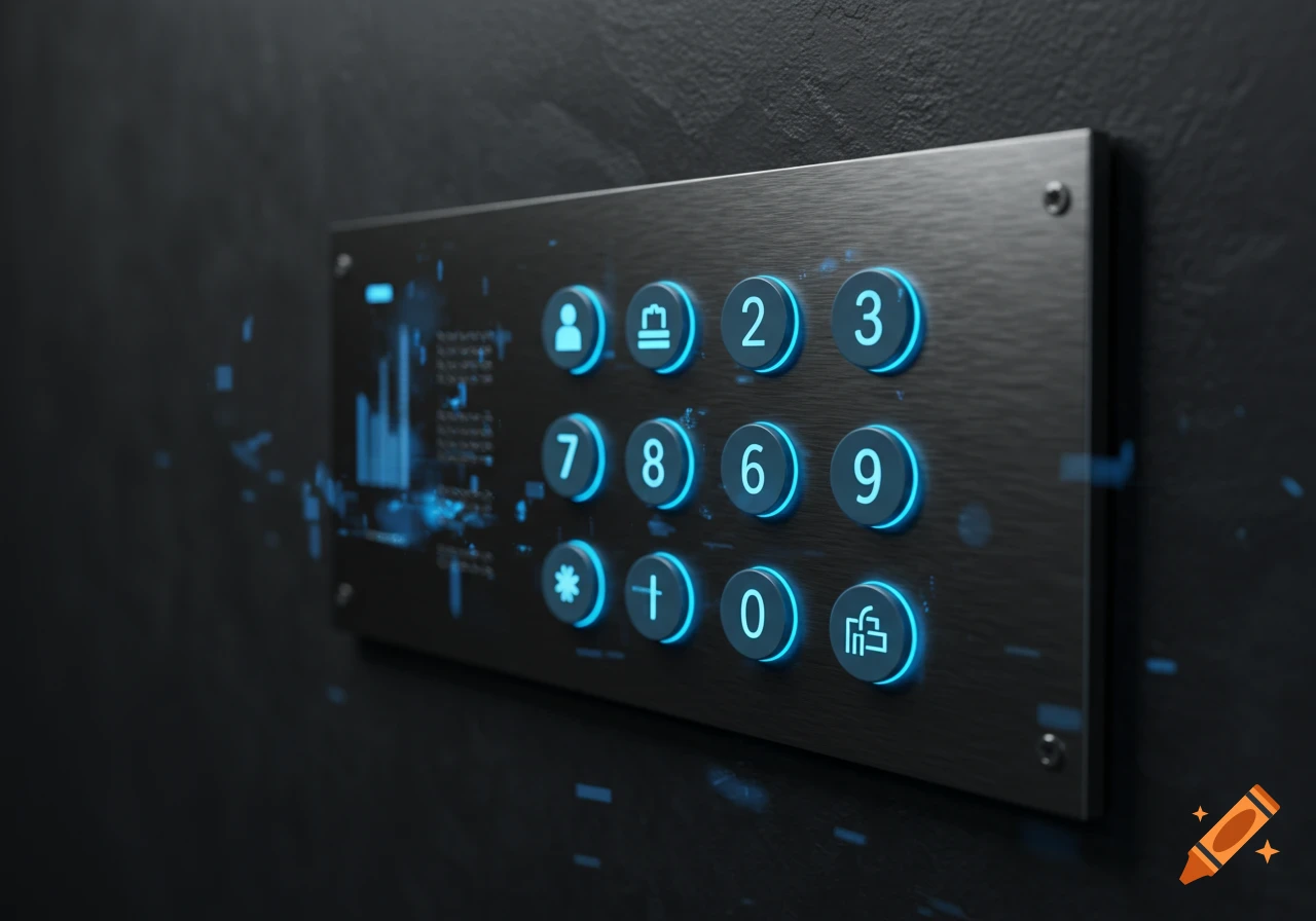 Close-up of a sleek, dark metallic intercom key panel with glowing blue numbers and symbols, featuring digital light effects.
