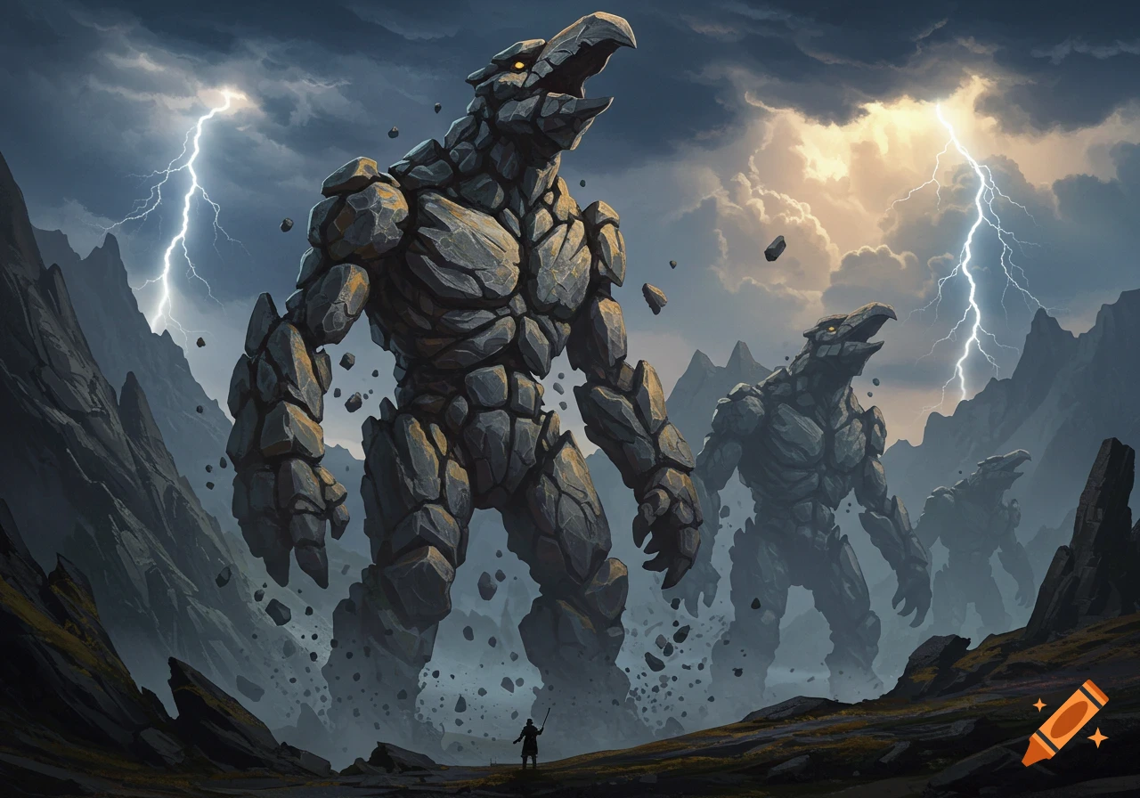 Gigantic rock monsters with bird-like heads stride through a stormy, mountainous landscape under lightning, with a tiny human below.
