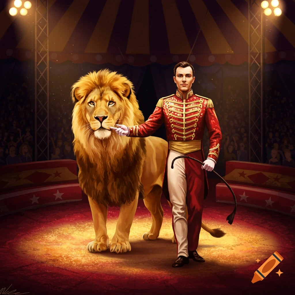 A lion tamer in a red and gold uniform stands with a lion in a circus ring under spotlights.