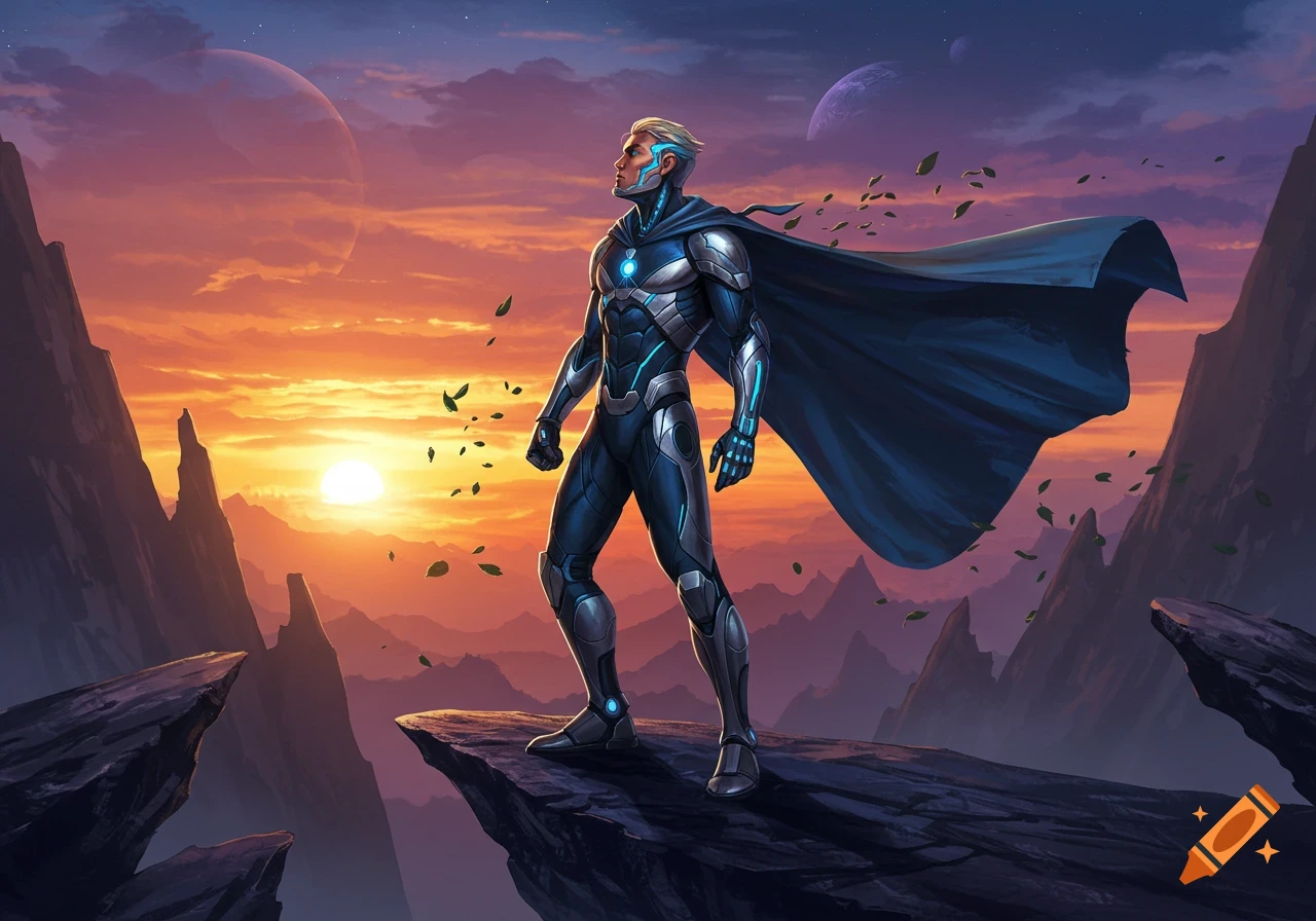 A powerful superhero in a blue and silver armored suit and flowing cape stands on a cliff at sunset, overlooking a vast alien landscape with planets in the sky.