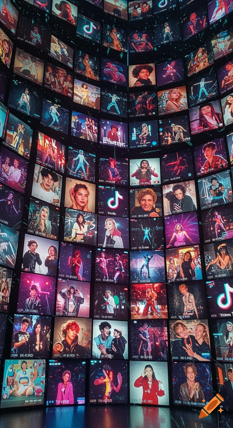 A large collage of glowing screens featuring various young people posing and dancing, with several TikTok logos interspersed, all set against a dark background.