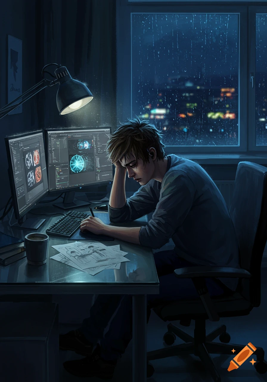 A sad male graphic designer works at a desk with two computer monitors displaying designs, in a dark room with rain streaking down the window.