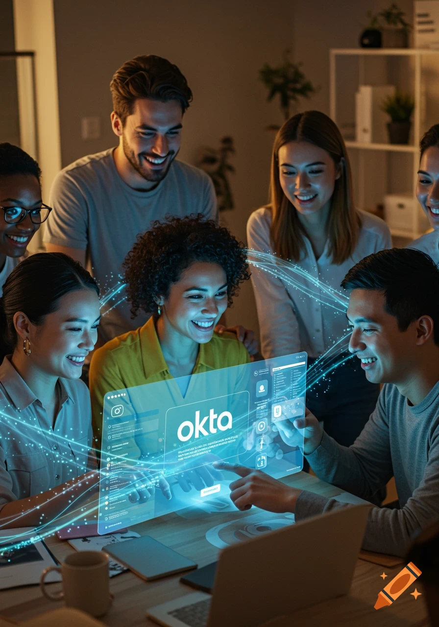 A diverse group of smiling people gathered around a table, looking at a glowing holographic screen displaying 'Okta' and app interfaces.