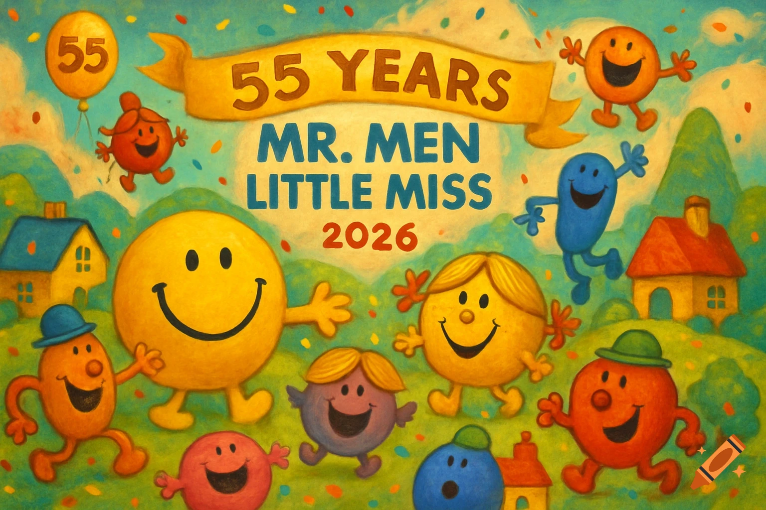 A colorful, painted illustration of Mr. Men and Little Miss characters celebrating 55 Years in 2026.